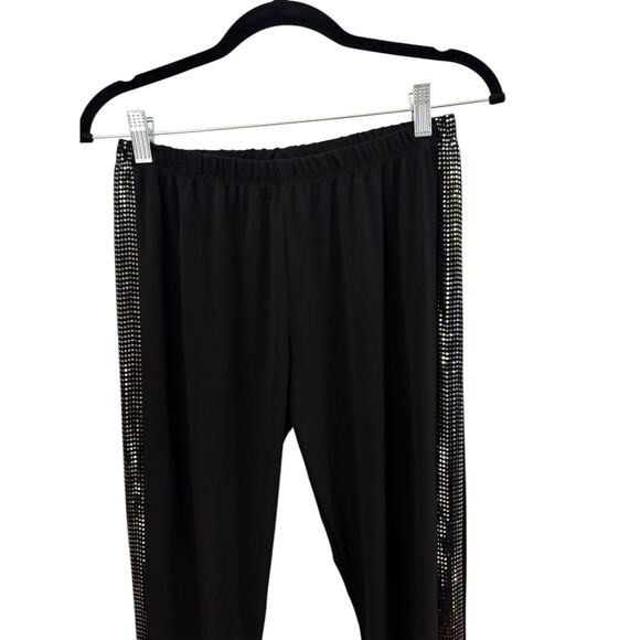 LBISSE Black Slinky Pants With Silver Details Down Sides L Tuxedo Pant Style NEW - Picture 2 of 10